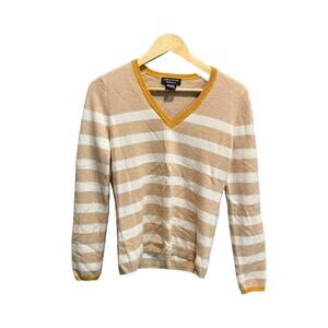 Lord & Taylor Tan Striped 100% Cashmere V Neck‎ Women's Sweater Size S